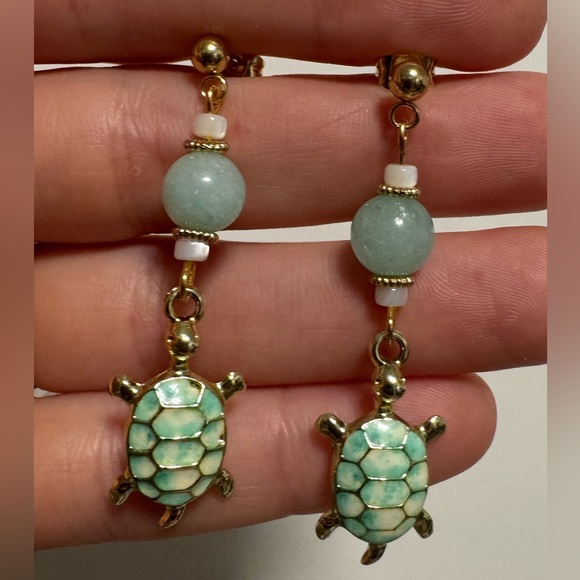 Jewelry - Gold and Aqua Turtle Dangle Earrings